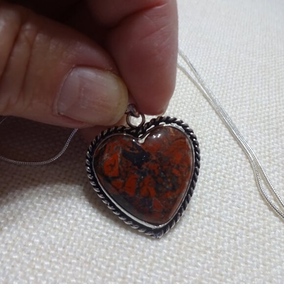 Natural POPPY JASPER Heart Handmade Sterling Pendant/Chain #855B - Picture 2 of 3
